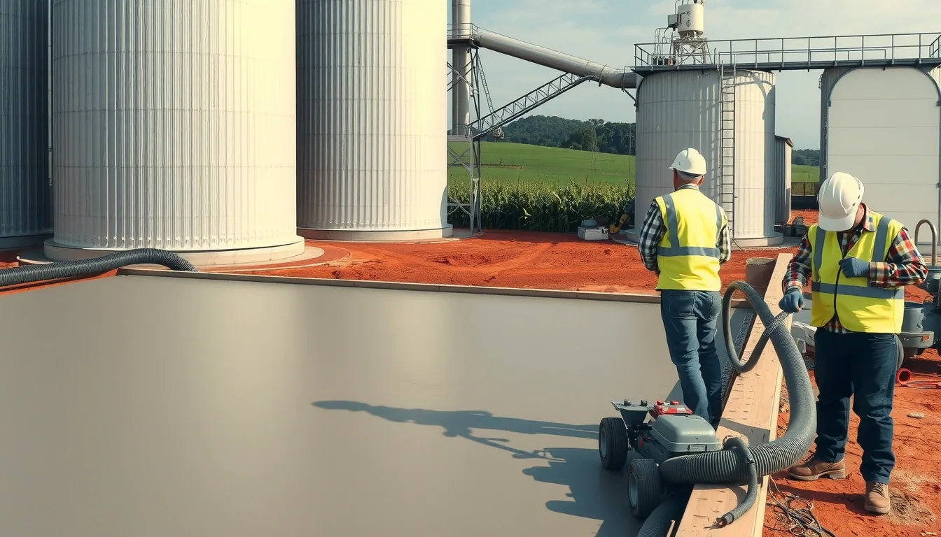 Concretagem de piso industrial ao lado de secador de grãos e elevador, com milharal ao fundo