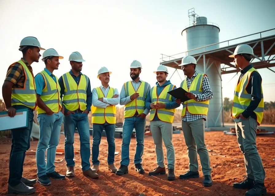 Equipe de mão de obra especializada em diálogo de segurança no canteiro, com galpão e silo ao fundo