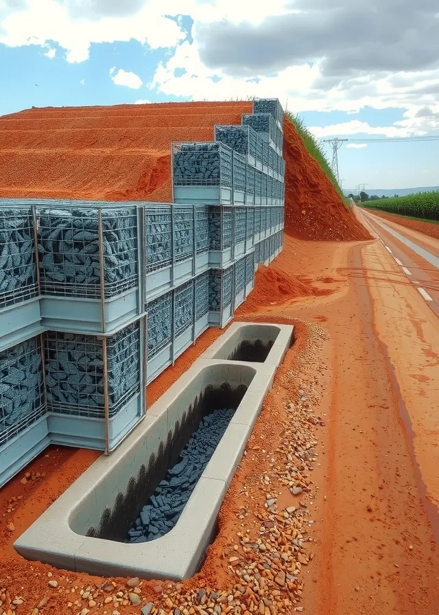 Muro de gabião e canaleta de drenagem em talude de estrada rural após a chuva
