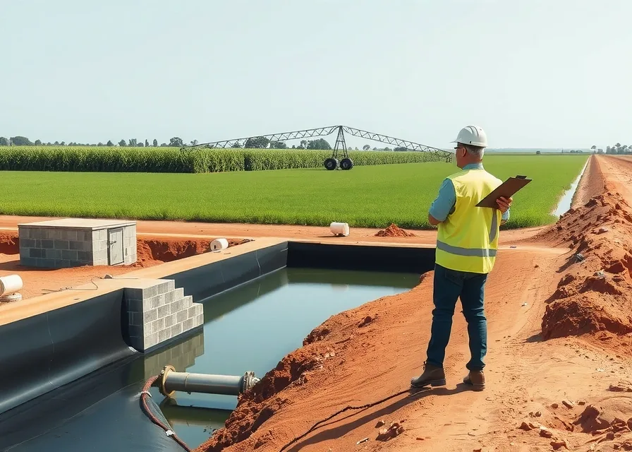Reservatório com geomembrana, casa de bomba e pivô central ao fundo, engenheiro na margem