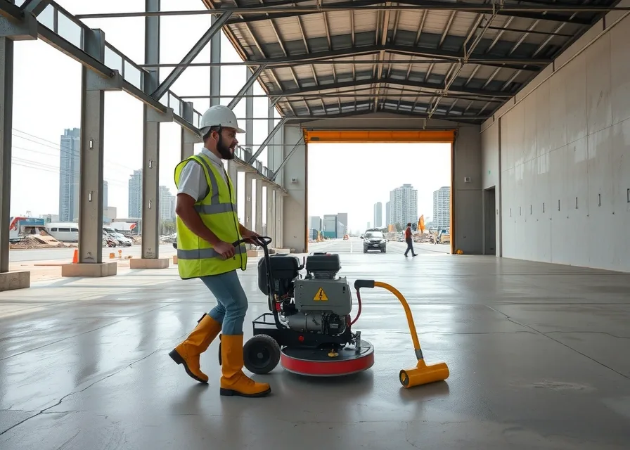 Galpão logístico em obra, com estrutura metálica e piso industrial